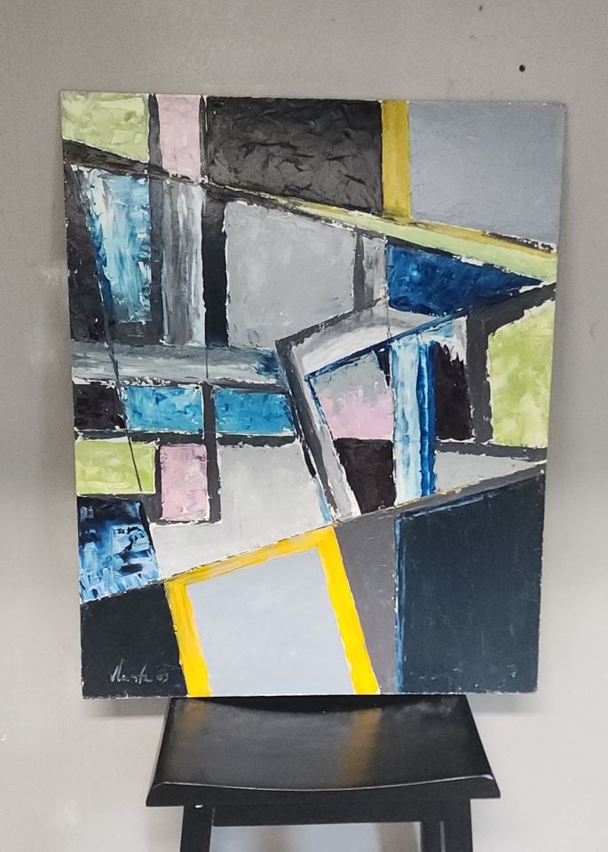 Powerful modernist abstract geometric oil painting. Signed. Circa 2003. 24" x 30 1/2 ": Powerful modernist abstract geometric oil painting. Signed. Circa 2003. 24" x 30 1/2 " Reserve: $250.00 Shipping: Domestic: Shipping rates are determined by destination International: Foreign shipping