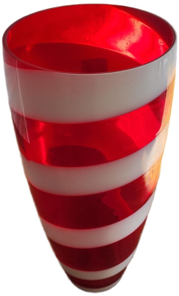 Vibrant Red White Boldly Striped Modern Art Glass Vase. 15"h w/ 6" diameter: Modern designer red and white striped glass vase. Will add a wonderful artistic flair to any room or be a great addition a collection. Reserve: $180.00 Shipping: Domestic: Shipping rates are