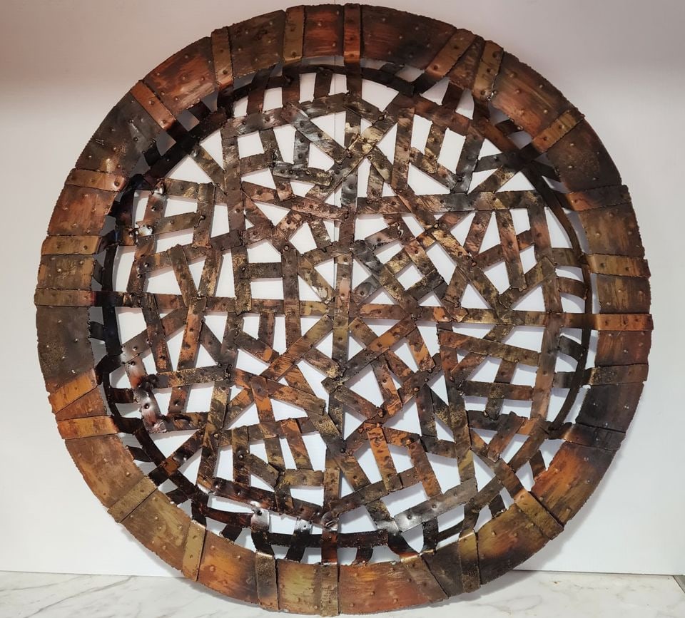 PALECEK rare large handcrafted vintage brutalist wall sculpture w/ woven metal design & rust patina.: PALECEK is a high-end, family-owned furniture and decor company founded in 1974. Palecek is known for its original art and handcrafted luxury furnishings that blend traditional artisan techniques with