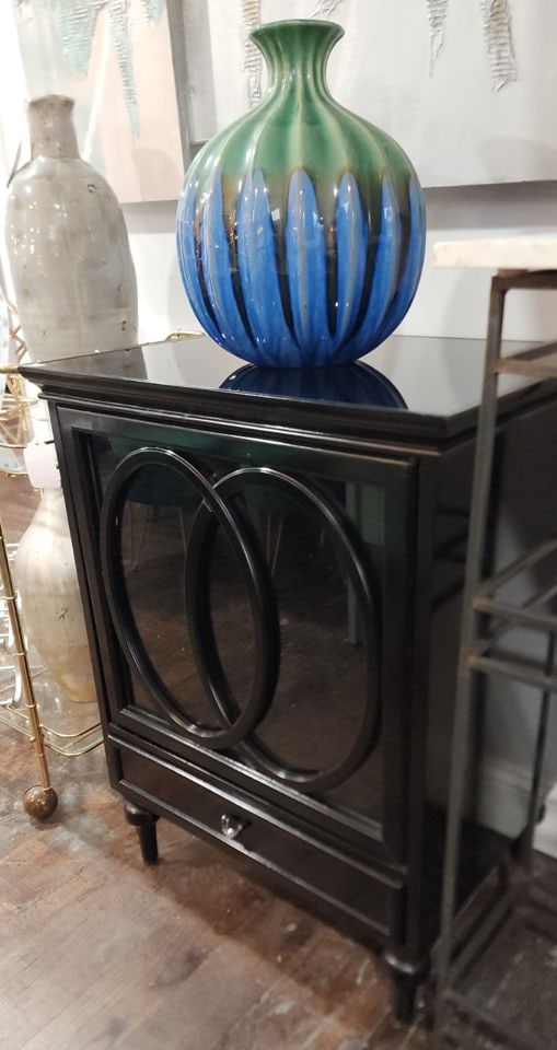 Modern designer deco-style black lacquer cabinet w/ pop-open glass door & bottom drawer. 24w x 18.5 (1 of 8)