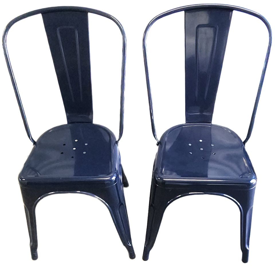 Replica Pair of Navy Blue Industrial Style Classic 1934 Tolix Marais Steel Cafe or Side Chairs: The iconic chairs are navy blue Tolix-style metal dining chairs, a popular industrial design known for being stackable and durable. They are made of powder-coated steel and work well in both indoor