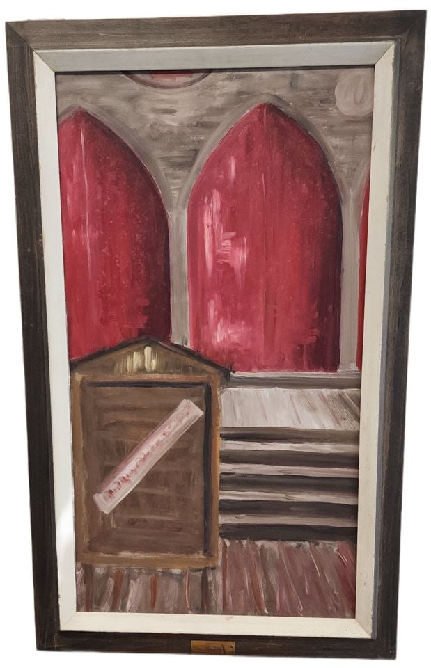 Gerkes Vintage Mid-Century Gothic-Themed Oil Painting Titled "Religion": Gerkes Vintage Mid-Century Gothic-Themed Oil Painting Titled "Religion" Reserve: $100.00 Shipping: Domestic: Shipping rates are determined by destination International: Foreign shipping rates are