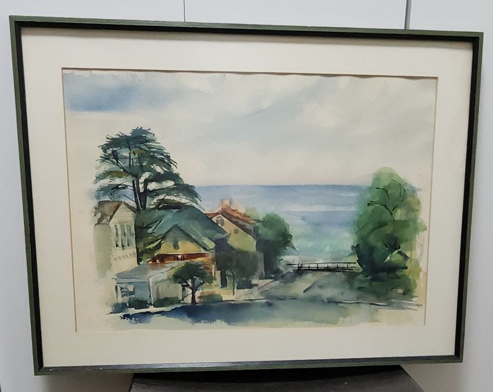 Vintage Original Watercolor Impressionist Painting of Tranquil Coastal Landscape. Signed on Back.: Beautiful watercolor painting... coastal scene with houses and trees. Ocean and a little bridge in the background. In dark green frame. Reserve: $100.00 Shipping: Domestic: Shipping rates are determin