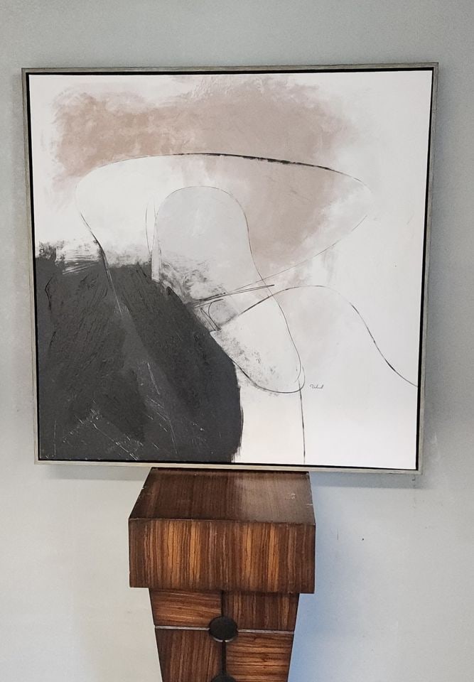 Vahid pair of modernist abstract giclee oil paintings imprinted on canvas in great shadow box frames: Each painting is 24 in square Reserve: $250.00 Shipping: Domestic: Shipping rates are determined by destination International: Foreign shipping rates are determined by destination. International