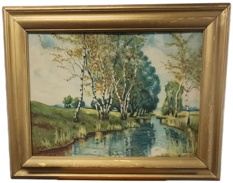 C. Fuini, vintage serene landscape oil painting of stream running through country wooded setting.: C. Fuini, vintage early to mid 20th century serene landscape oil painting of brook running through peaceful country wooded setting. Reserve: $250.00 Shipping: Domestic: Shipping rates are determined b