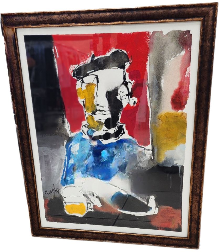 Scott '07 Bold Intense Colorful Abstract Lithograph of Figure with Beret.: Bold abstract art piece. Features a figure with a beret and vibrant colors like red, blue, yellow, and black. Signed "Scott '07". Reserve: $300.00 Shipping: Domestic: Shipping rates are determined by 