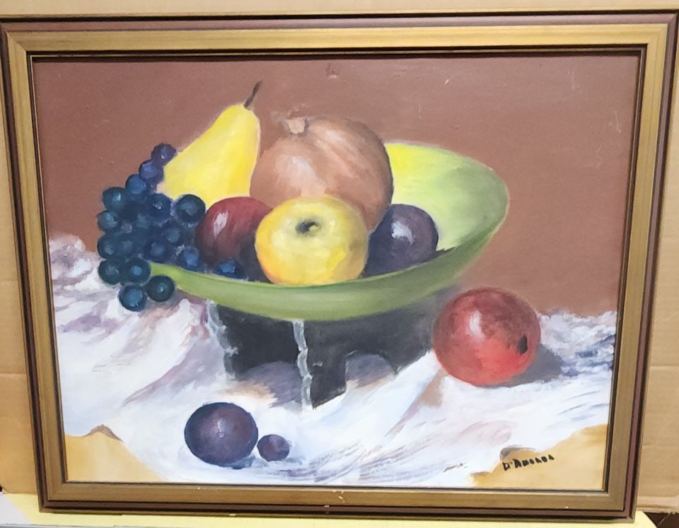 Masterful (18x24 image) mid-century still life oil painting w/ rich colors & vibrant contrast Signed: Masterful (18x24 image) mid-century still life oil painting w/ rich colors & vibrant contrast Signed Reserve: $150.00 Shipping: Domestic: Shipping rates are determined by destination International: Fo