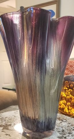 Stunning Murano Style Handkerchief Art Glass Vase w/ Blended Purple, Green & Gray Tones. 15"h - 3