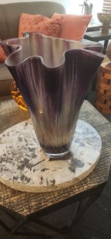 Stunning Murano Style Handkerchief Art Glass Vase w/ Blended Purple, Green & Gray Tones. 15"h - 4