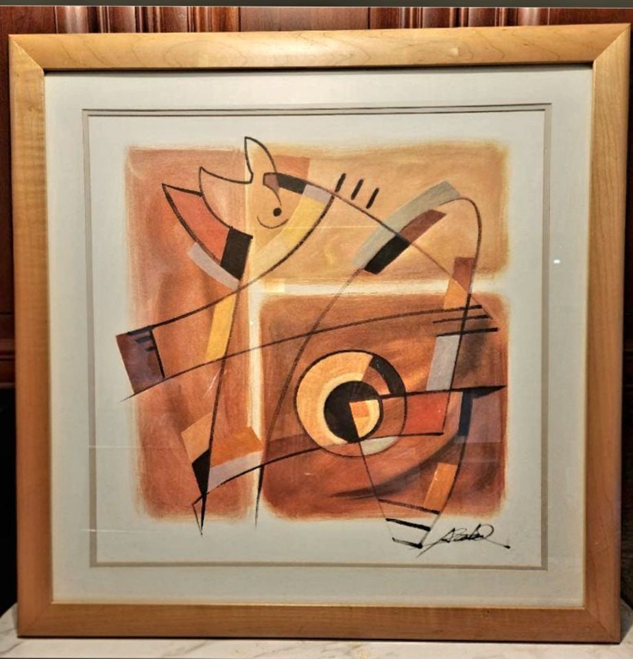 Wire Tapping I by Alfred Gockel custom framed abstract lithograph print facimile signed. 36"x 36": Alfred Gockel (born 1952) is a renowned German contemporary artist known for vibrant, abstract paintings, often using tar in his acrylics, inspired by Cubism, music, and his early experiences working 