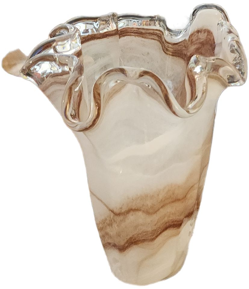 Vintage 14h × 13w x 10d Murano Style hand-blown art glass vase ruffled w/ embedded swirl: Vintage 14h × 13w x 10d Murano Style hand-blown art glass vase ruffled w/ embedded swirl pattern. Reserve: $250.00 Shipping: Domestic: Shipping rates are determined by destination International: 