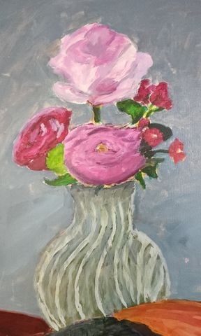Vintage original expressionist floral still life oil painting w/ strong primitive influence... - 2