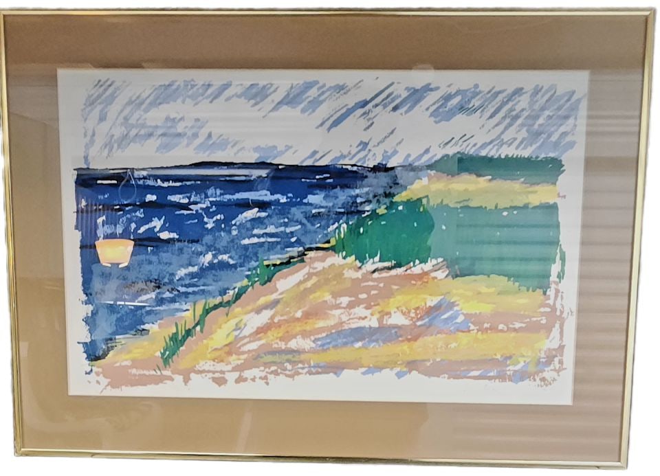 Diane Decosse Ltd Edition signed impressionist lithograph of coastal landscape. 24"x 18" Signed '84.: Vibrant framed work by Diane Decosse. This piece features a beautiful coastal landscape with blue water, green and yellow land, and a cloudy sky. Comes in a gold frame. Reserve: $100.00 Shipping: