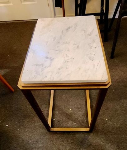 Vintage Deco-Style C-Shaped End Table w/ Set-In Marble Top & Bronze Finished Base. 20W x 14D x 21H - 3