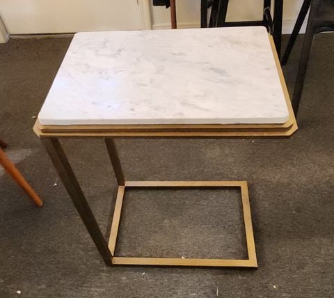 Vintage Deco-Style C-Shaped End Table w/ Set-In Marble Top & Bronze Finished Base. 20W x 14D x 21H - 4