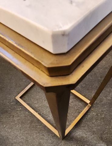 Vintage Deco-Style C-Shaped End Table w/ Set-In Marble Top & Bronze Finished Base. 20W x 14D x 21H - 5