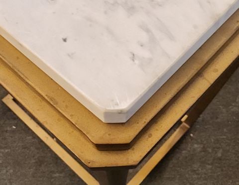 Vintage Deco-Style C-Shaped End Table w/ Set-In Marble Top & Bronze Finished Base. 20W x 14D x 21H - 6