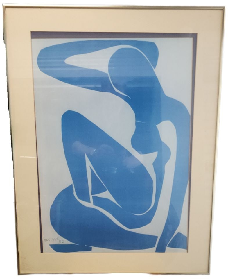 Vintage 22x30 Lithograph of the Celebrated 1952 Cut-Out the "Blue Nude" by Matisse. Facsimile Signed: Title: Vintage 22x30 Lithograph of the Celebrated 1952 Cut-Out the "Blue Nude" by Matisse. Facsimile Signed Description: This is a framed lithographor silk screen of "Blue Nude" by Henri Matisse. The 