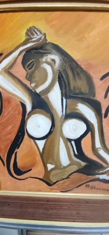 H. Sherman Vintage Mid-Century 24x30 Bold Cubist Abstract Oil Painting of Female Image. Signed. - 2