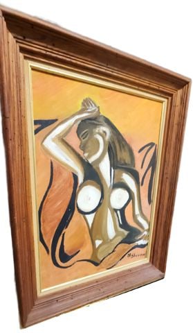 H. Sherman Vintage Mid-Century 24x30 Bold Cubist Abstract Oil Painting of Female Image. Signed. - 3