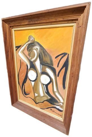 H. Sherman Vintage Mid-Century 24x30 Bold Cubist Abstract Oil Painting of Female Image. Signed. - 4