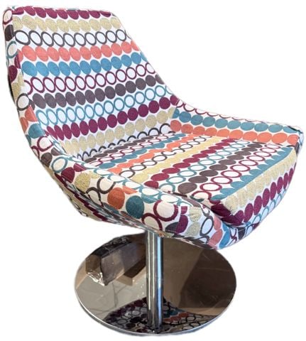 1 Chair/ 2 Personalities. MCM swivel accent side chair w/ heavy chrome base & vibrant 70s fabric. - 2
