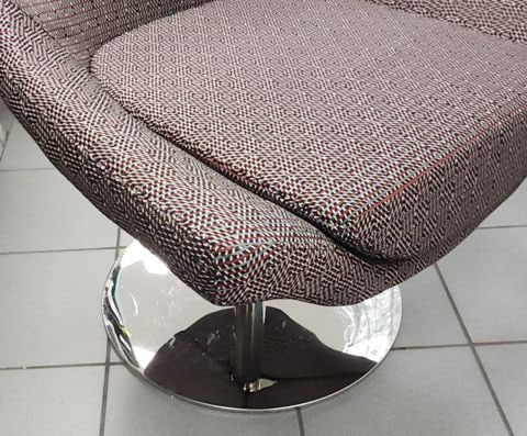 1 Chair/ 2 Personalities. MCM swivel accent side chair w/ heavy chrome base & vibrant 70s fabric. - 9
