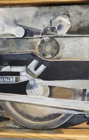 Postmodern oil painting impressionist reproduction depicting a vintage locomotive wheel assembly. - 2