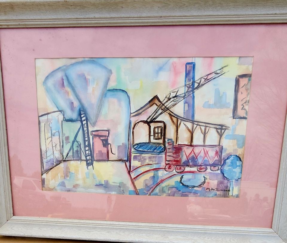M. DeSimone Abstract Expressionist Industrial-Themed Watercolor Painting under glass. Signed 1964 (1 of 3)