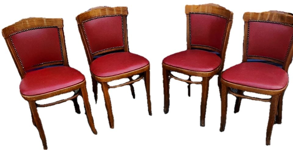 Rare Set of 4 early mid-century Thonet leather dining chairs w/ unique deco design & nail accents.: Title: Rare Set of 4 early mid-century Thonet leather dining chairs w/ unique deco design & nail accents. Description: Thonet chairs are known for their iconic bentwood construction, a technique pione