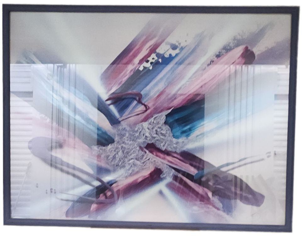 Large '60s/'70s vibrant 60x48 abstract painting under glass w/ dramatic explosive 3D imagery. Signed (1 of 1)