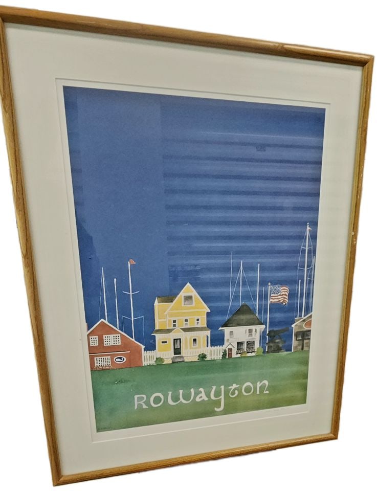 Impressionist Signed Lithograph of Costal Village Titled "Rowayton" by Sandra Farley Aldrich.18x24": Title: Impressionist Signed Lithograph of Costal Village Titled "Rowayton" by Sandra Farley Aldrich.18x24" Description: This wonderful double-matted framed lithograph features a coastal village scene 