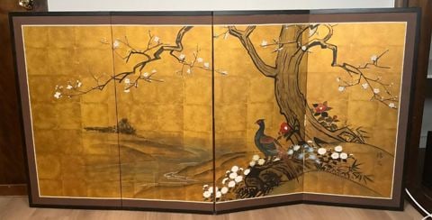 Byōbu iconic collectible vintage Japanese 4-panel hand-painted folding screen. 36h x 17.5w per - 2