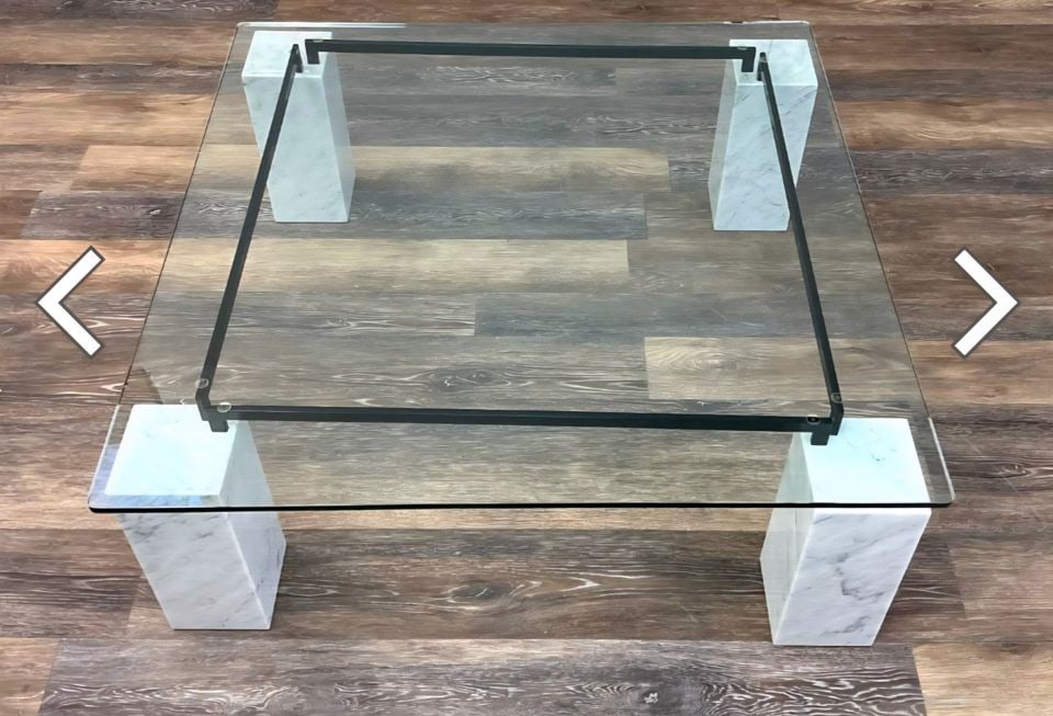Ionic luxury Cattelan Italia Dielle glass coffee table w/ Carrara marble legs design by Piero De: Title: Ionic luxury Cattelan Italia Dielle glass coffee table w/ Carrara marble legs design by Piero De Longhi Description: This is a high-end designer coffee table by the Italian luxury brand "Cattel