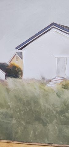 Serene minimalist vintage oil painting of house by the sea w/ grassy wetland in the foreground. - 5