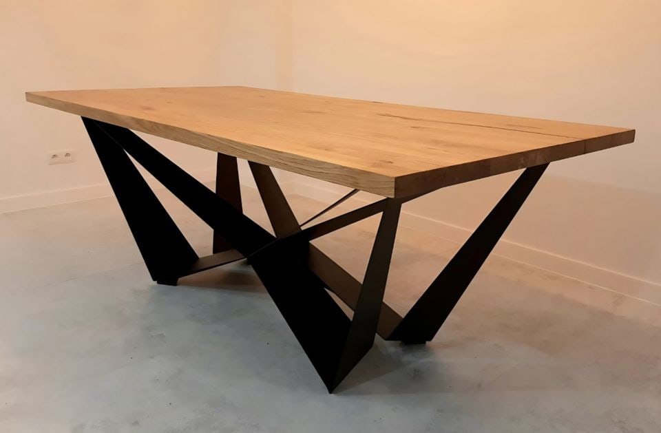 Skorpio custom made vintage modern steel & wood dining table w/ hi-design truncated geometric base. (1 of 5)