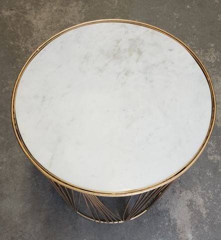Rare vintage round heavy marble side table w/ gold tone intricic art deco wire base - 4