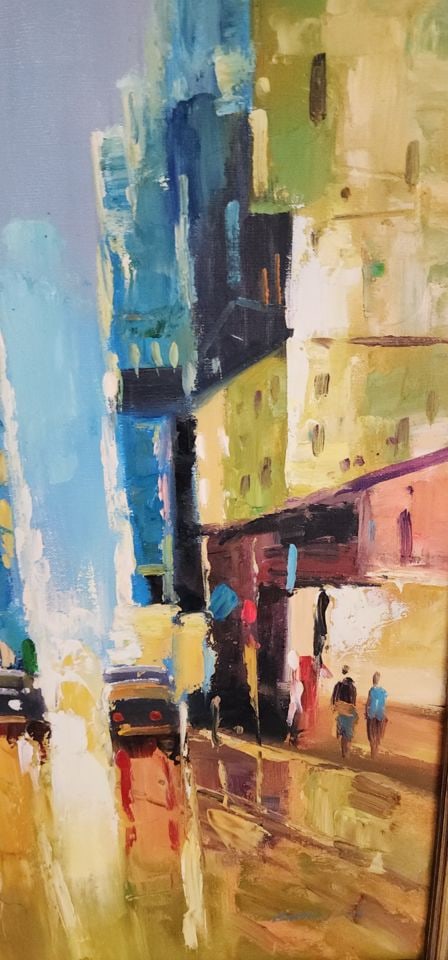 Modern Original Abstract Impressionist Oil Painting of NYC w/ Brilliantly Colored Cubist Imagery.: Title: Modern Original Abstract Impressionist Oil Painting of NYC w/ Brilliantly Colored Cubist Imagery. Description: Vibrant painting has abstract impressionist style city street scene. Shows cars, p