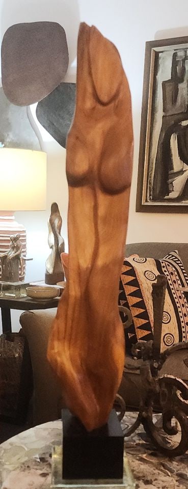 Vintage Mid-Century Hand-Carved Wood Abstract Sculpture of Elegantly Posed Female Figure. 30" Tall.: Title: Vintage Mid-Century Hand-Carved Wood Abstract Sculpture of Elegantly Posed Female Figure. 30" Tall. Description: Artistic hand-carved wood abstract sculpture. Is an elegantly posed female figur