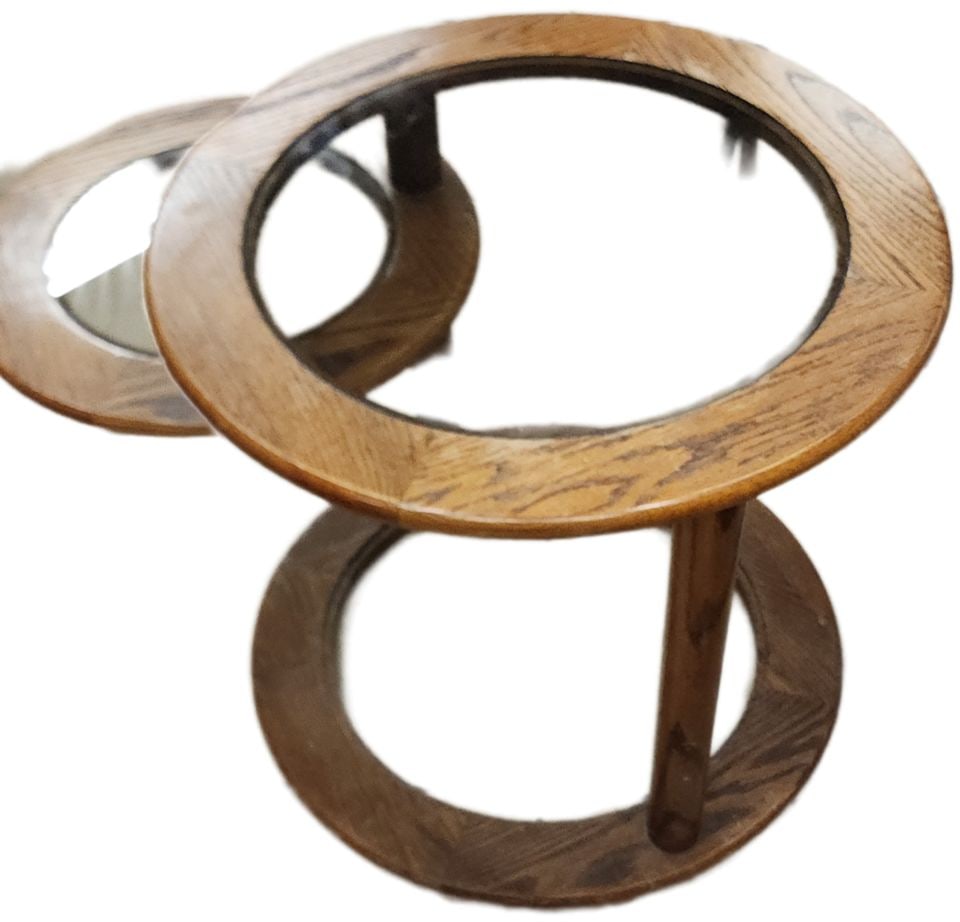70s mid-century modern solid oak & glass mechanical side table in the style of Milo Baughman (1 of 1)