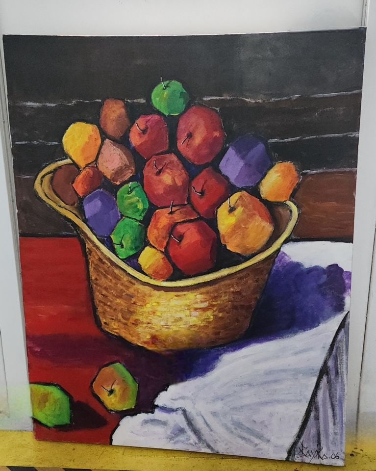 Large captivating abstract expressionist still life w/ cubist imagery. Circa '06 Signed 40.5 x 32.5 (1 of 4)