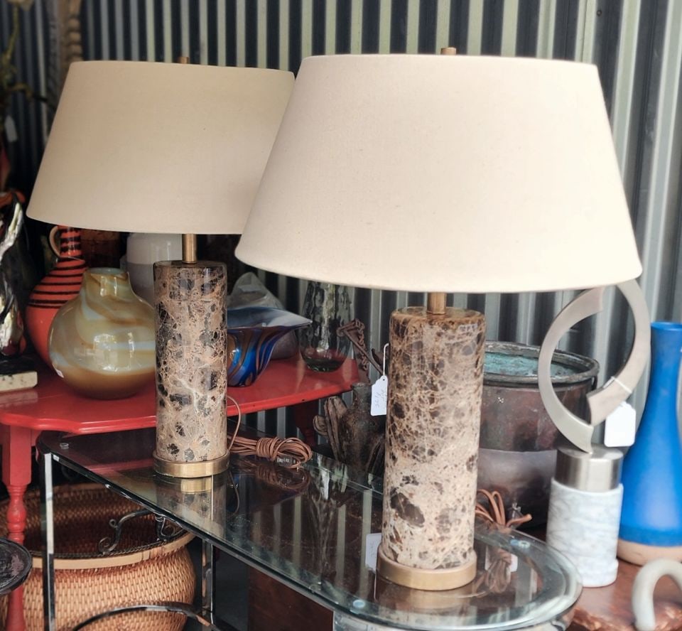 Fabulous pair of signature Cliff solid brown marble lamps w/ brass elements by Visual Comfort & Co. (1 of 6)
