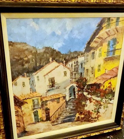 Vintage Giclee rendition of impressionist painting on board of "Port to Lucca ll" by Valenti. 36x36 - 2
