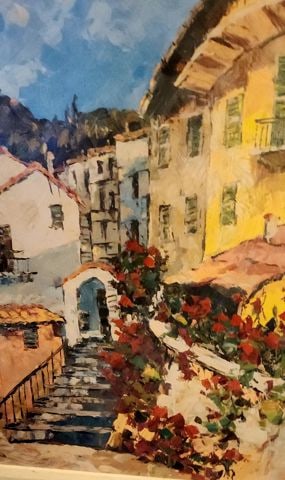 Vintage Giclee rendition of impressionist painting on board of "Port to Lucca ll" by Valenti. 36x36 - 3