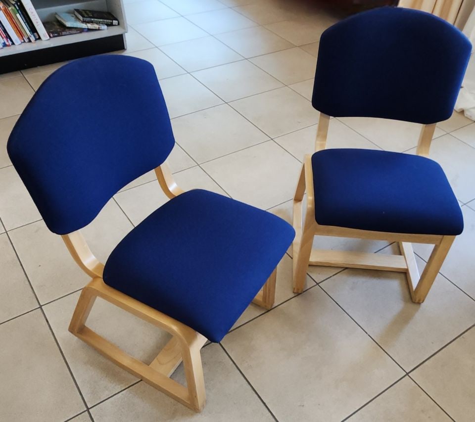 Pair of Mid-Century Modern Scandinavian Style two-position side chairs by University Loft of Indiana: Title: Pair of Mid-Century Modern Scandinavian Style two-position side chairs by University Loft of Indiana Description: These chairs are incredibly comfortable and the base functions in 2 positions. 