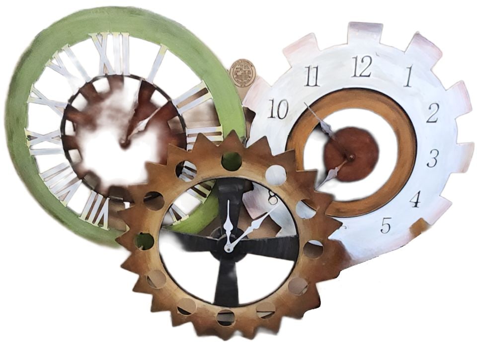 Fantastic vintage working triple clock hand-painted steel wall sculpture. 40" x 30" (1 of 6)