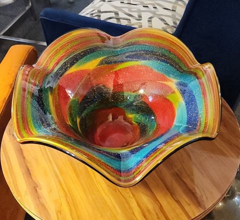 Fabulous Murano* Heavy Sculptural Rainbow-Style Art Bowl w/ Gold Flecks. 17D x 9H *Likely Origin - 6