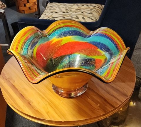 Fabulous Murano* Heavy Sculptural Rainbow-Style Art Bowl w/ Gold Flecks. 17D x 9H *Likely Origin - 8