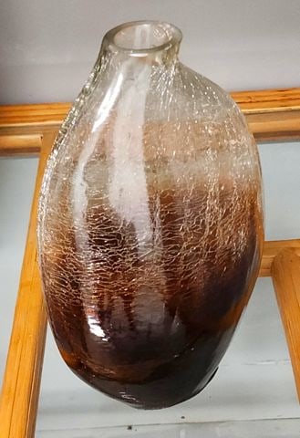 Pair of vintage art glass amber sculptural vases w/ crackled glass designed by Uttermost - 5