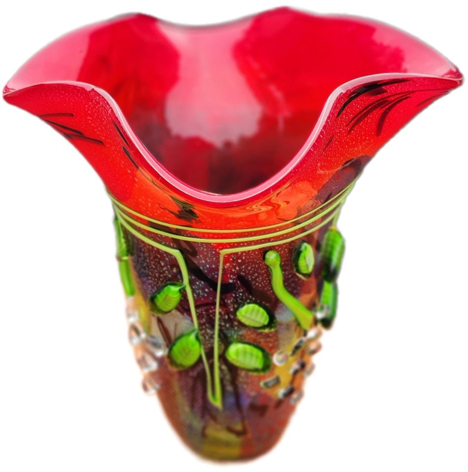 Stunning monumental Vintage art glass vase in the manner of Murano artists and Dale Chihuly w/: Title: Stunning monumental Vintage art glass vase in the manner of Murano artists and Dale Chihuly w/ multi-faceted elements & brilliant color Description: Stunning Vintage art glass vase in the manne